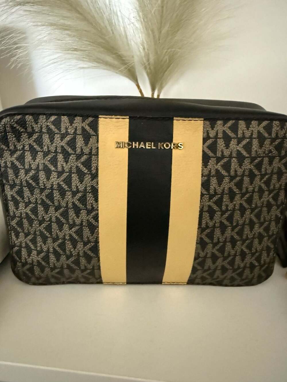 Michael Kors Signature Logo Monogram Stripe Crossbody Camera Bag